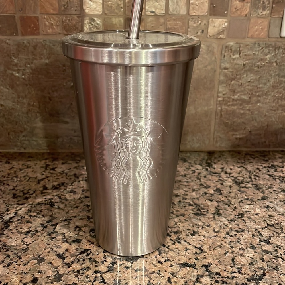 NEW- Starbucks Stainless Steel Grande Silver Tumbler & Straw Lim Edition